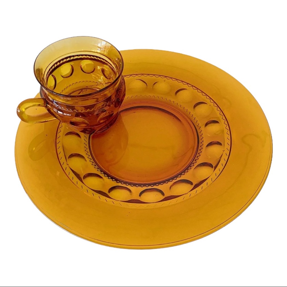 Indiana Amber Glass Set of 9 Glass Plates and Cups - Picture 3 of 3